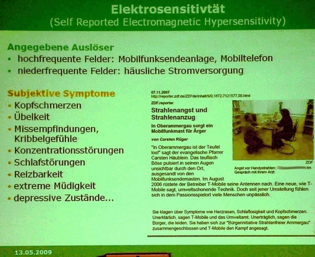 Powerpoint-Folie zur Elektrosensitivität im Vortrag von Prof. Dr. Caroline Herr am 13.05.2009 in München